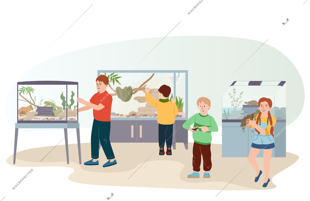 People with exotic pets flat composition with isolated view of reptile house happy kids with animals vector illustration