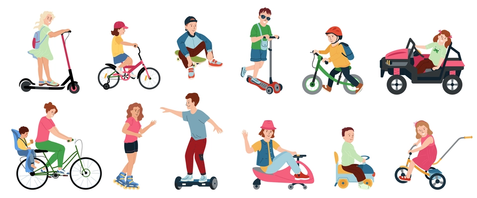 Children on toy vehicles flat set of isolated icons with teenage boys and girls riding toys vector illustration