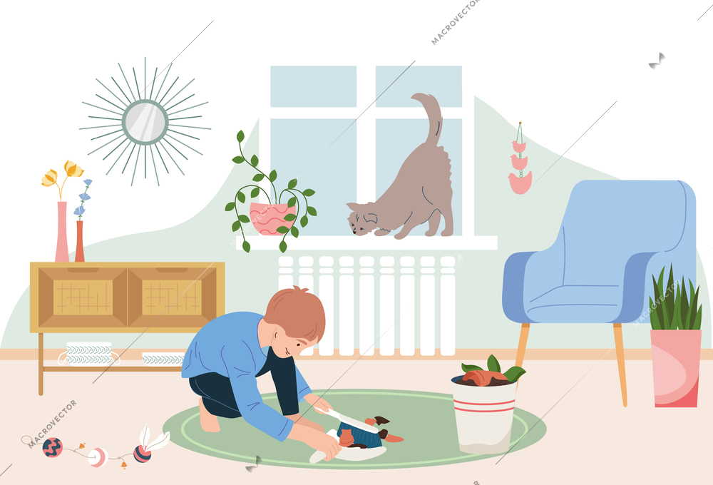 Household children helping flat background composition with living room and brushing boy cleaning carpet of rubbish vector illustration