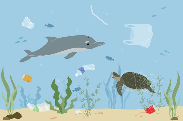 Animal activists flat composition of underwater scenery with dolphin turtle and fishes floating among plastic waste vector illustration