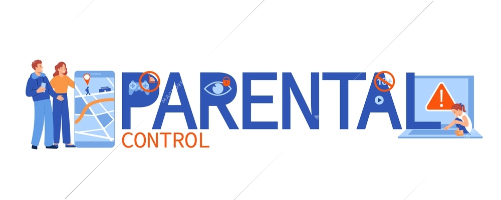 Parental control flat text banner with gps tracker and warning sign on laptop vector illustration