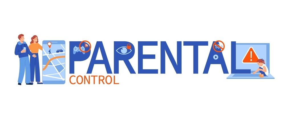 Parental control flat text banner with gps tracker and warning sign on laptop vector illustration