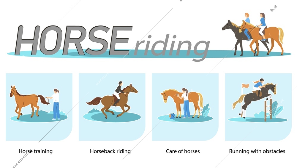 Horse riding flat infographic with people training and taking care of animals vector illustration