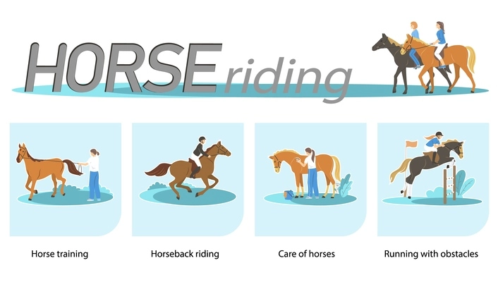 Horse riding flat infographic with people training and taking care of animals vector illustration