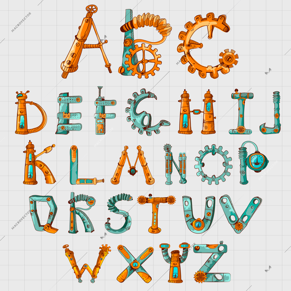 Mechanic alphabet clockwork mechanism letters colored set on squared background vector illustration