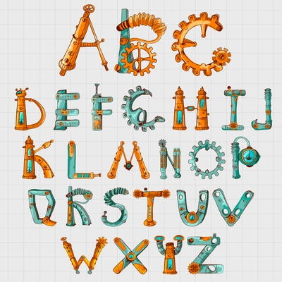 Mechanic alphabet clockwork mechanism letters colored set on squared background vector illustration