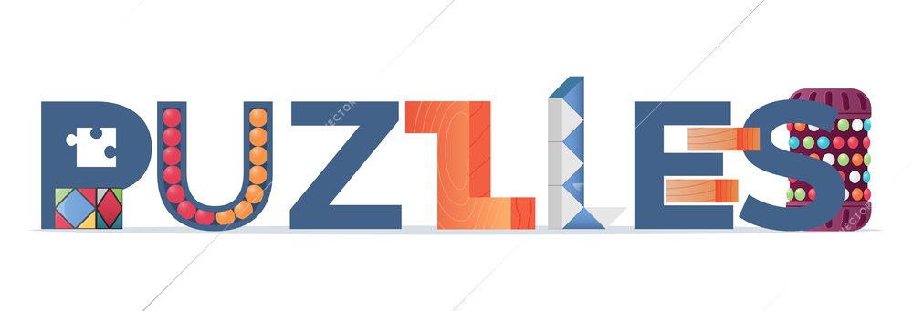 Flat puzzles text with letters made of colorful blocks and logical game elements on white background vector illustration