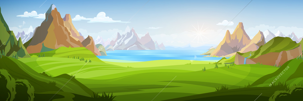 Summer landscape with view of green valley mountains and lake flat vector illustration