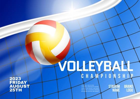 Volleyball championship realistic horizontal poster with ball and net on blue background vector illustration