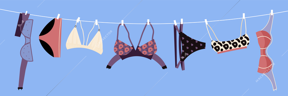 Lingerie on rope with bra and panty symbols flat vector illustration