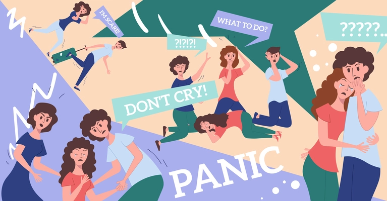 Panic collage flat composition with doodle human characters of disturbed people and thought bubbles with text vector illustration