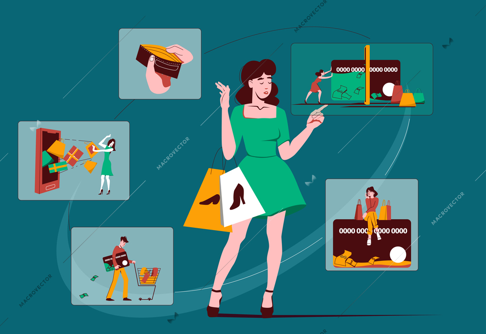 Shopaholic shop addiction flat composition girl buying a lot of things and subsequent money problems vector illustration