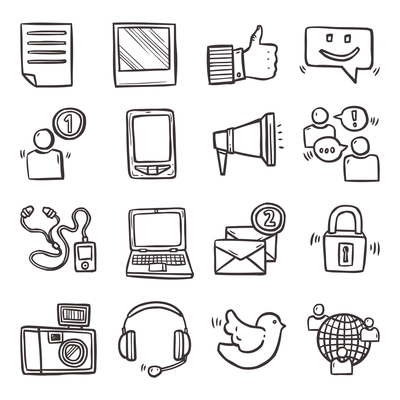 Social media mobile technology hand drawn decorative icons set isolated vector illustration