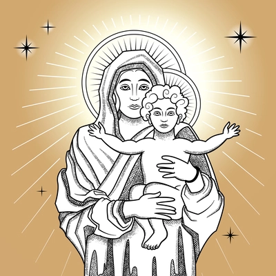 Jesus with virgin mary color composition with monochrome outline images of shining saint mary and christ vector illustration