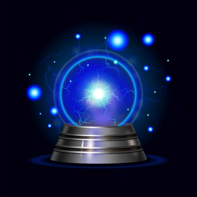 Realistic plasma sphere magic crystal composition magic ball with blue electric lightning vector illustration