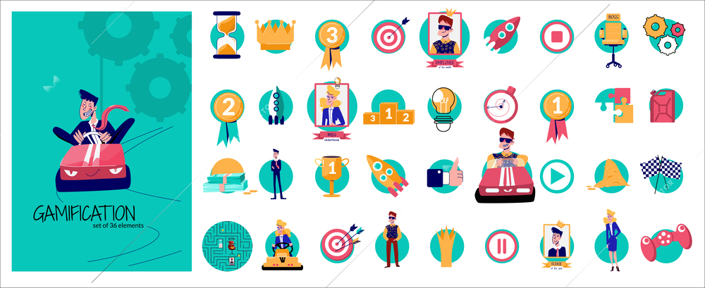 Set with isolated gamification business circle shaped icons with flat human characters medals gamepads and awards vector illustration