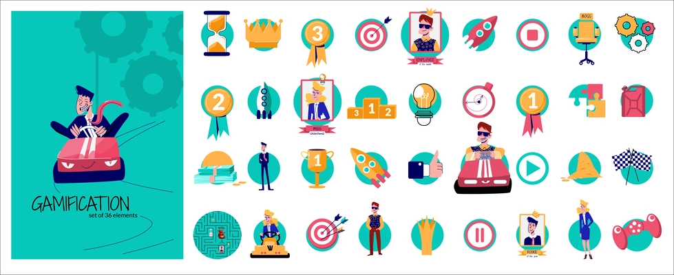 Set with isolated gamification business circle shaped icons with flat human characters medals gamepads and awards vector illustration