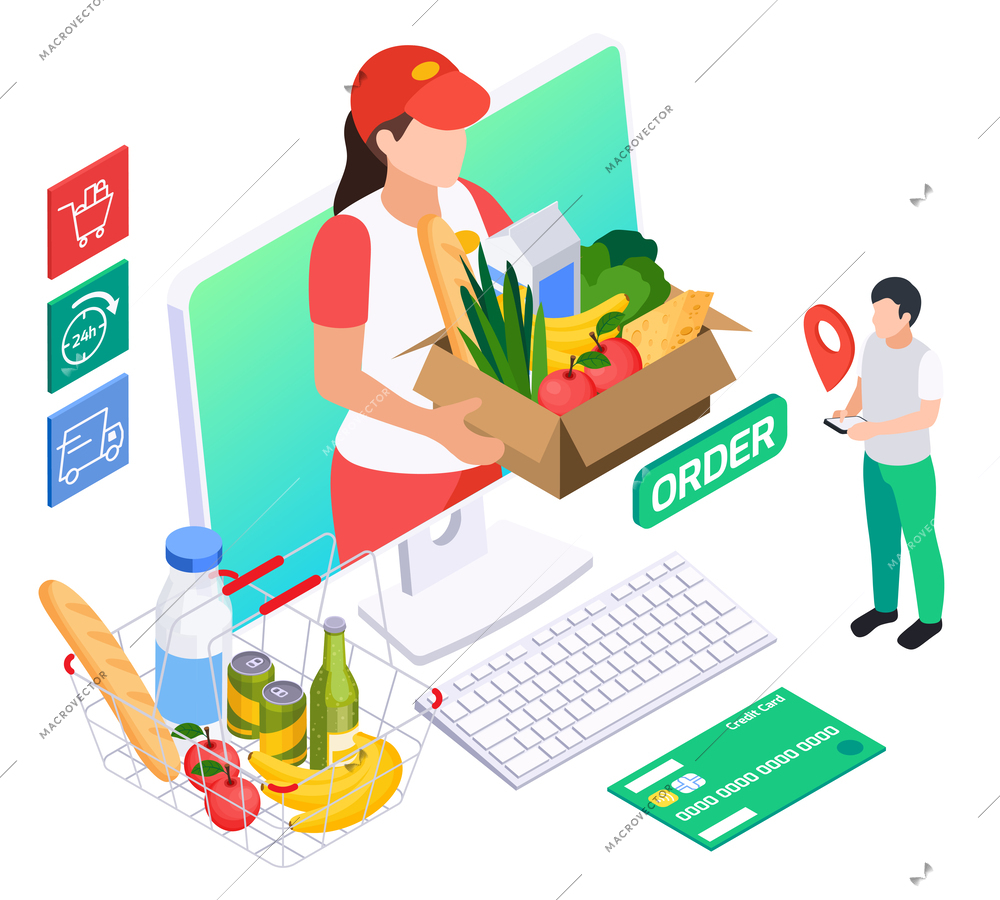 Online takeaway food order delivery service isometric composition with desktop computer credit card and grocery basket vector illustration