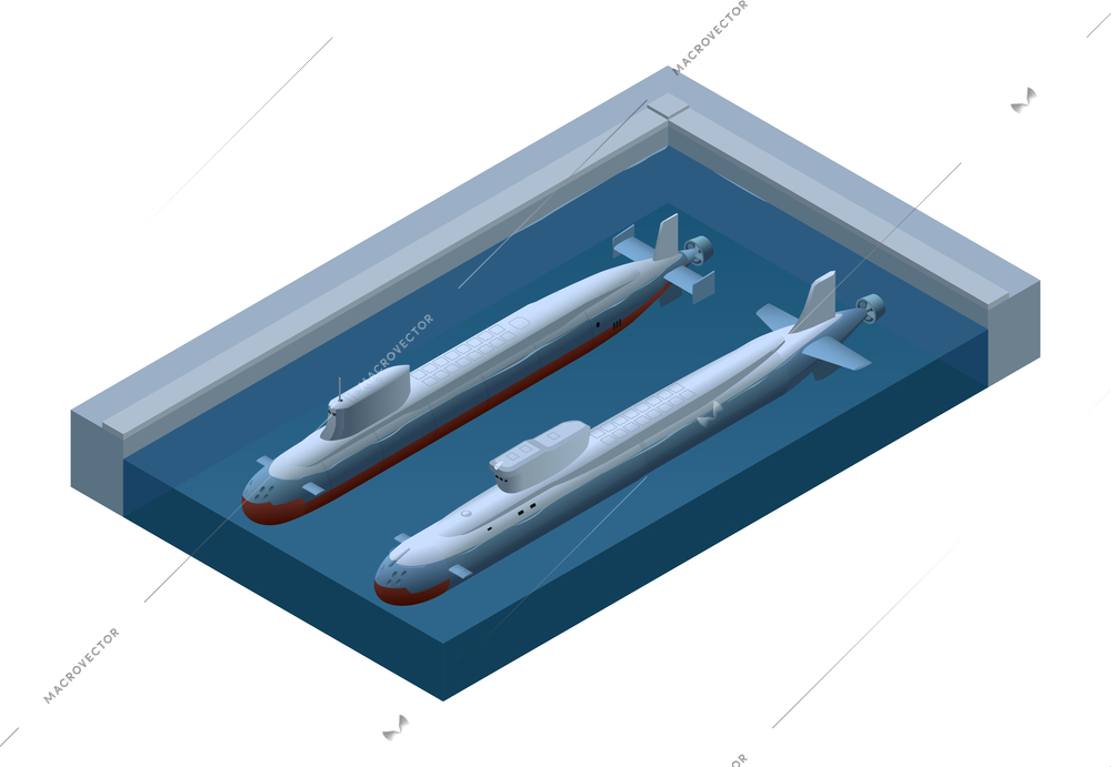 Submarines isometric composition with isolated view of square pool with two undersea crafts on blank background vector illustration