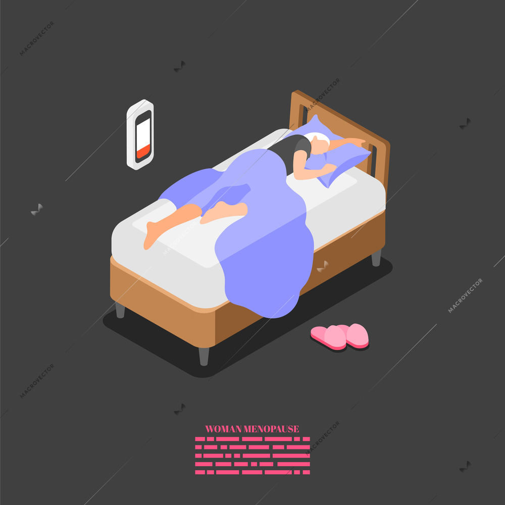 Woman menopause symptoms isometric background with female character suffering from fatigue lying in bed vector illustration