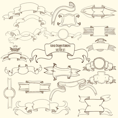 Hand drawn vintage titles blank ribbons set isolated vector illustration