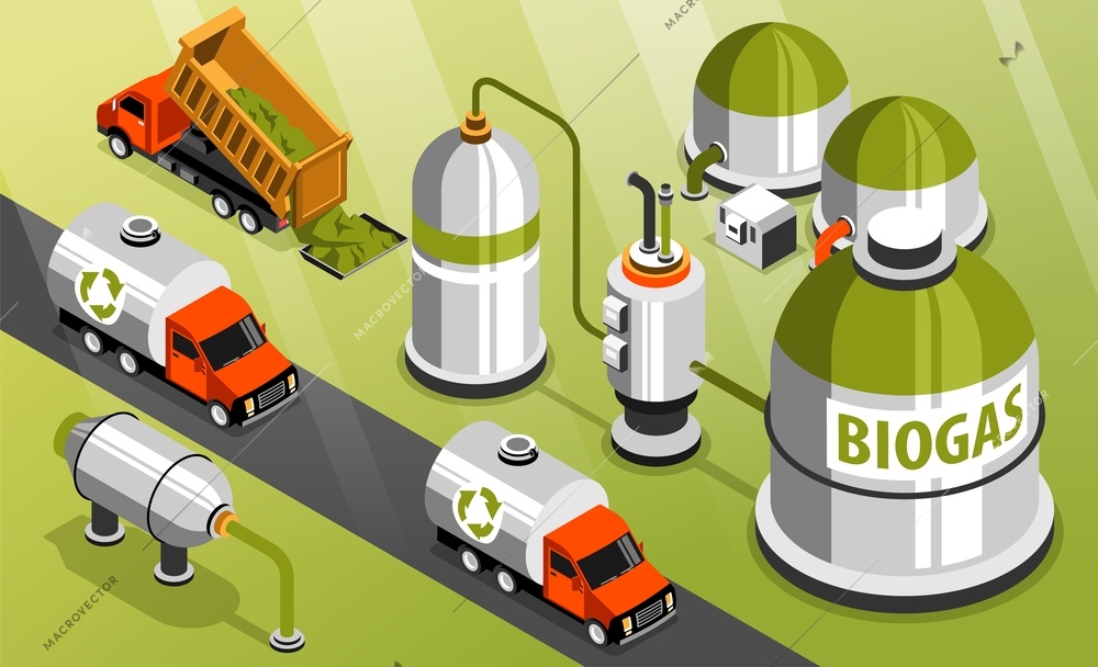 Green energy isometric background advertising biogas production from as sources of biofuel vector illustration
