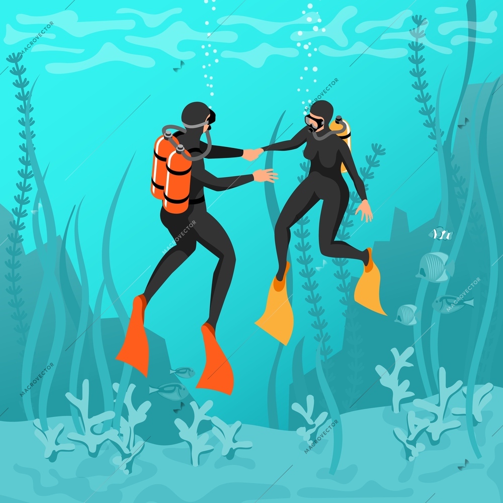 Diving instructor isometric background with male and female characters in diving suits with scuba at sea depth vector illustration