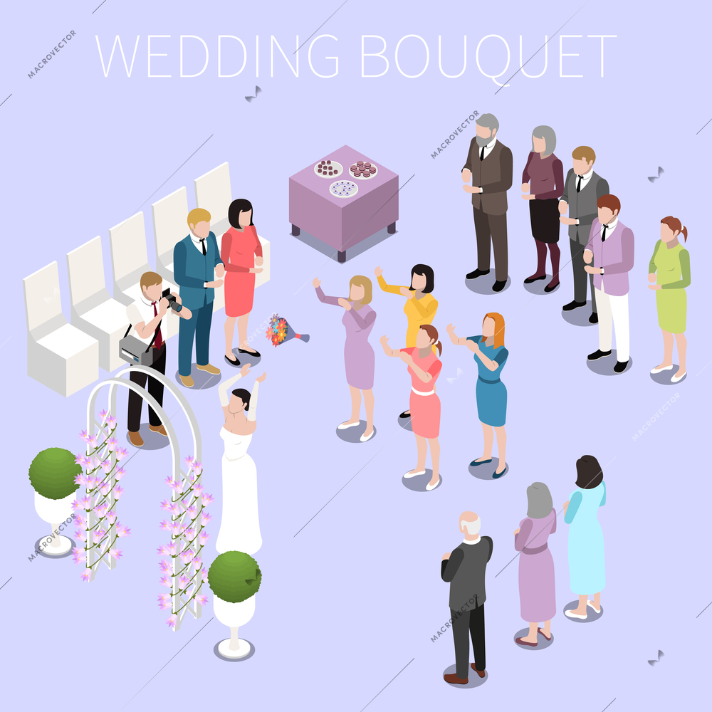 Wedding ceremony marriage isometric composition with view of bride throwing flowers with friends and ceremony guests vector illustration