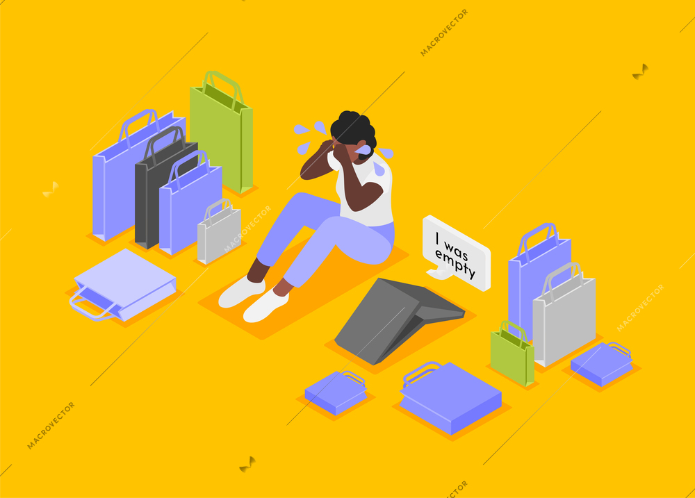 Excess spending isometric background composition with crying female character surrounded by shopping bags and empty wallet vector illustration