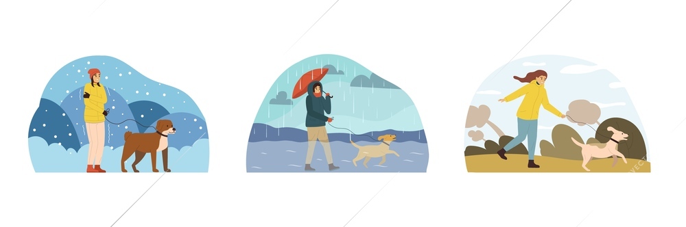 Three bad weather people flat composition set the owner of the dog walks with him in all weathers vector illustration