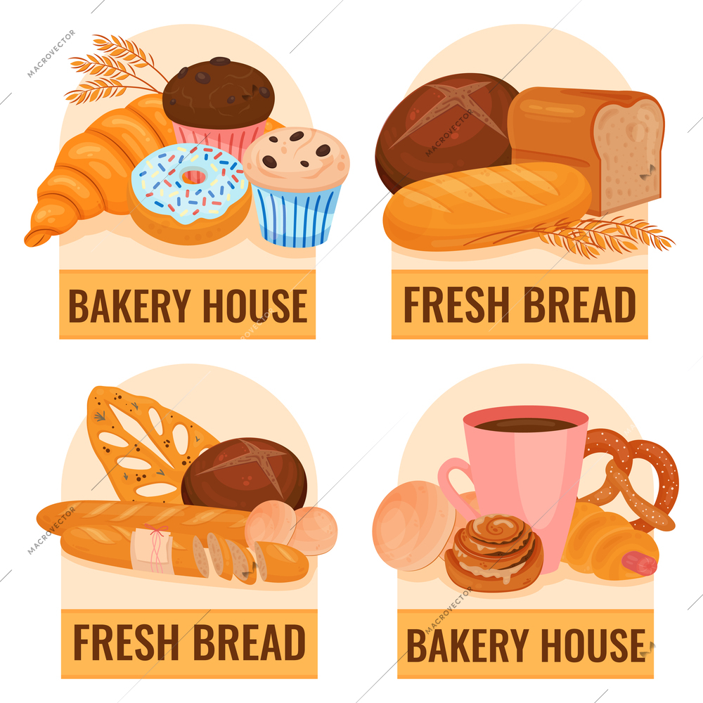 Bakery products set of isolated labels with editable text and flat images of baked goods sweets vector illustration