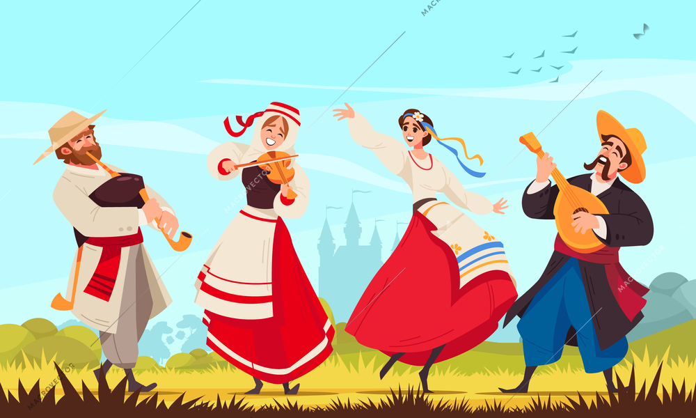 Colored folklore music composition two pairs of dancers in national costumes dancing together vector illustration
