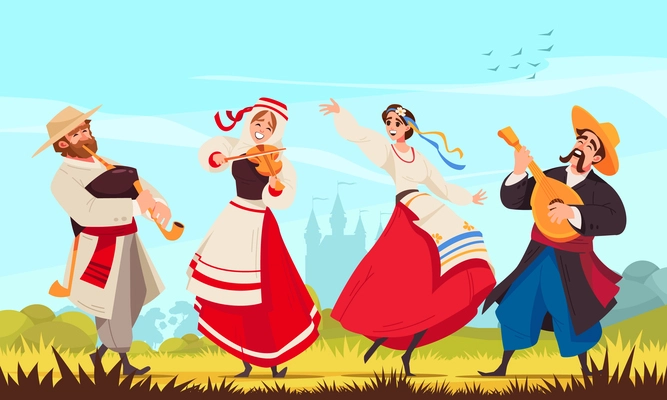 Colored folklore music composition two pairs of dancers in national costumes dancing together vector illustration