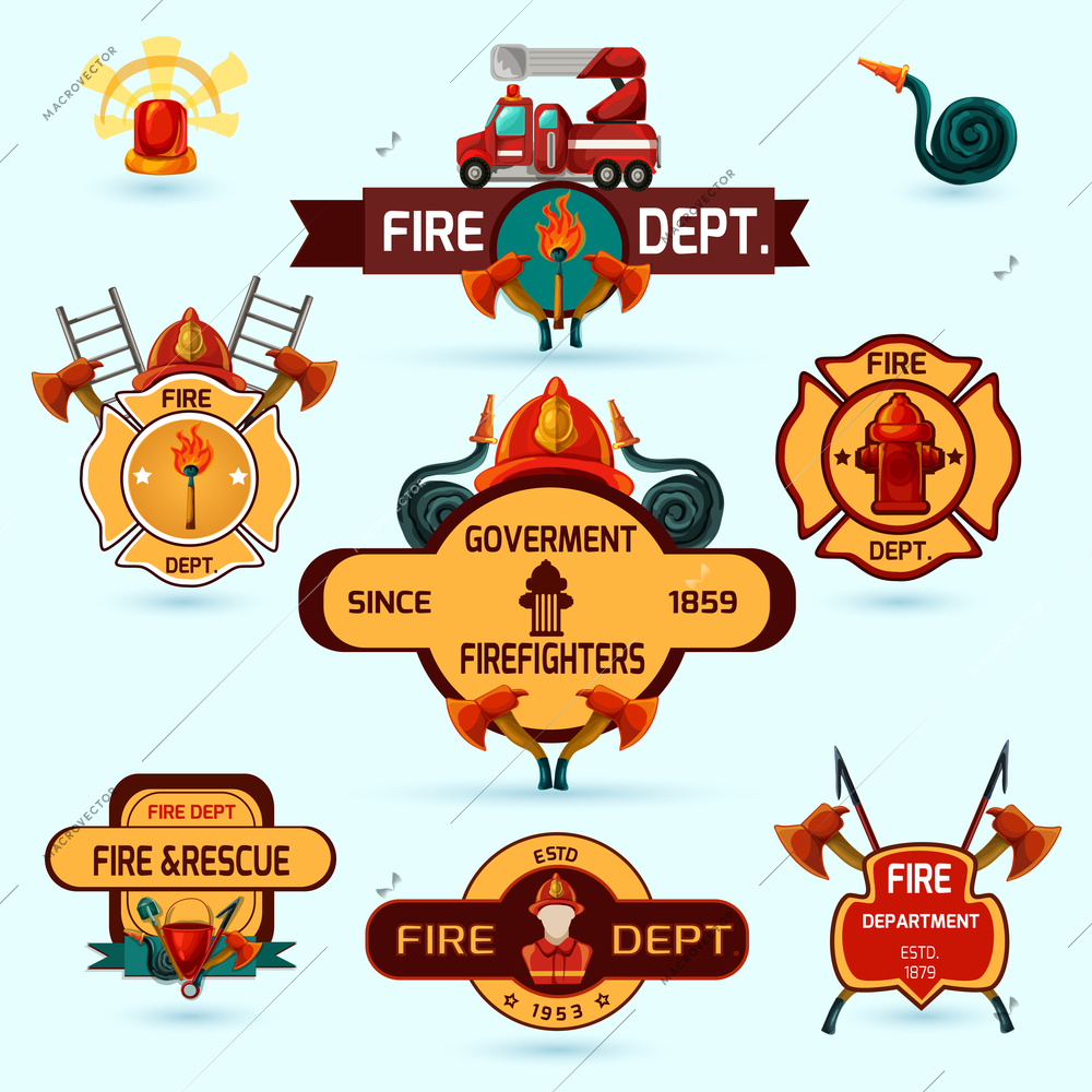 Firefighter volunteers and professional department emblems set isolated vector illustration