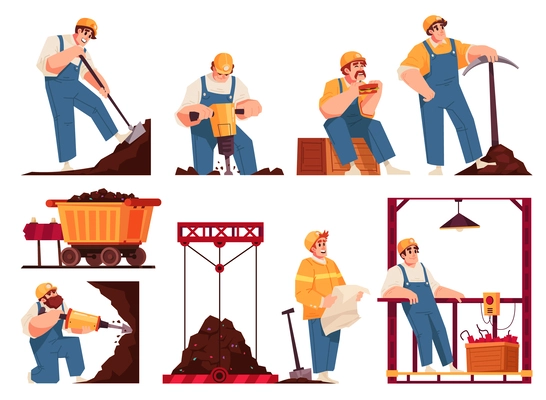 Mining colored and isolated icon set workers dig drill dine and mine vector illustration