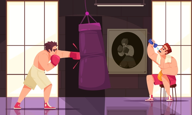 Boxing club colored composition two fighters are engaged in sports club with the punching bag vector illustration