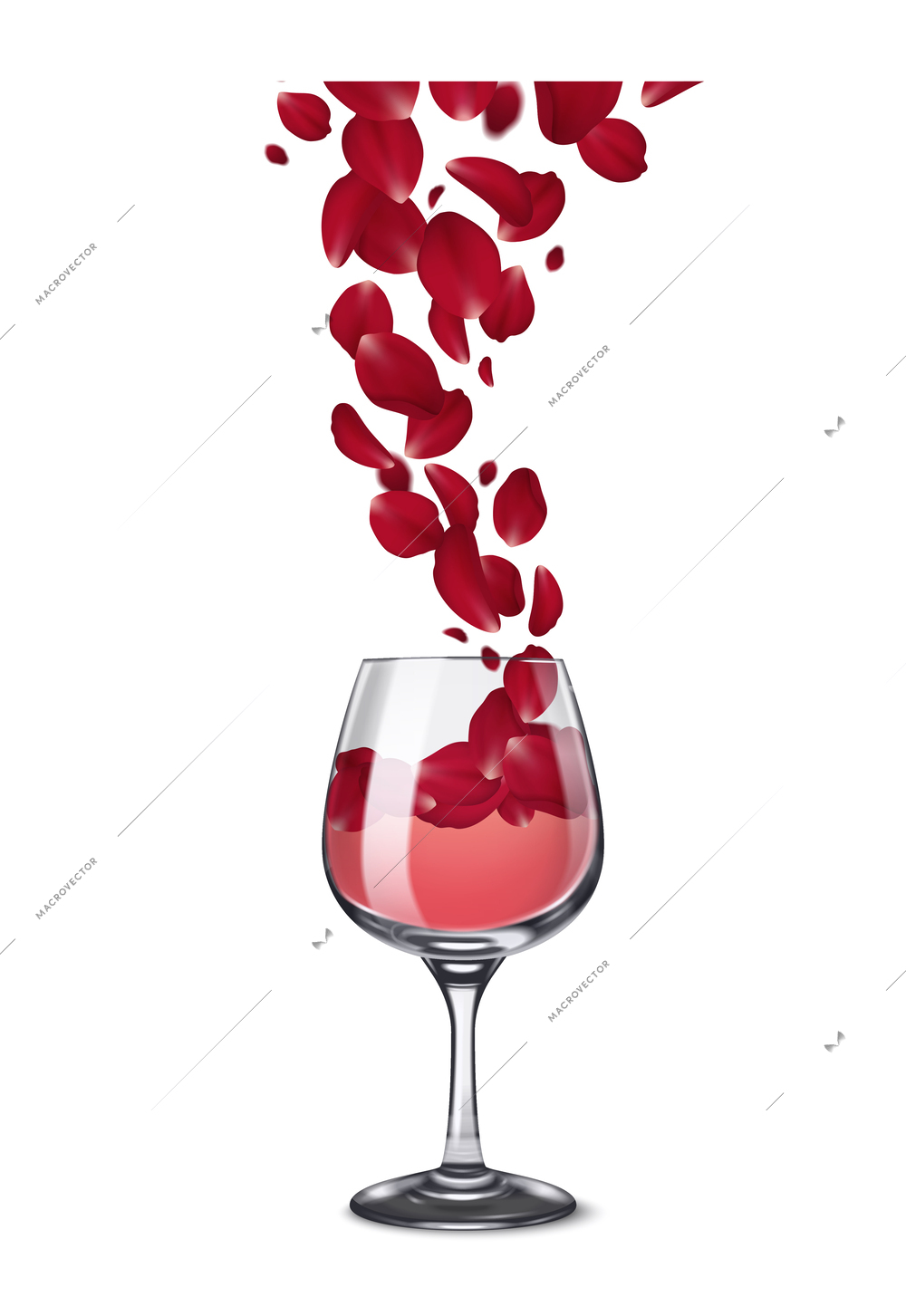 Glassware wine glass realistic rose petals composition with front view of falling leaves on blank background vector illustration