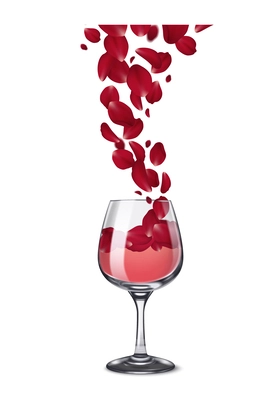 Glassware wine glass realistic rose petals composition with front view of falling leaves on blank background vector illustration