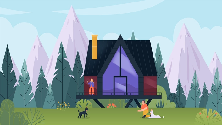 Glamping flat concept with modern house and mountain forest on background vector illustration