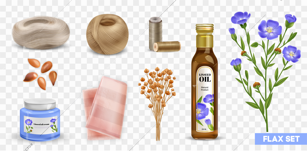 Realistic flax product icons set with fabrics seeds and cosmetic items on transparent background isolated vector illustration