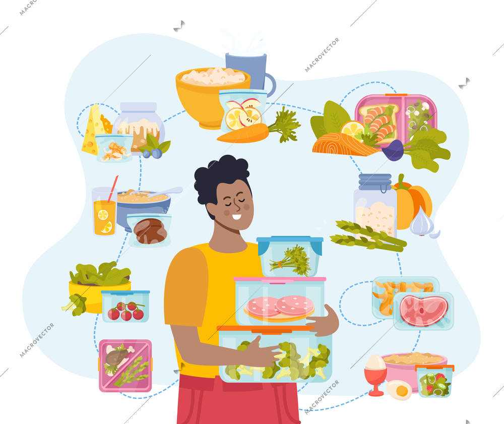 Food containers and zero waste storage composition with male character holding plastic boxes surrounded by meals vector illustration