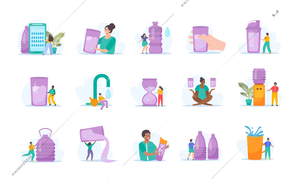 Water balance set with flat isolated icons of water glasses bottles dispensers and doodle human characters vector illustration