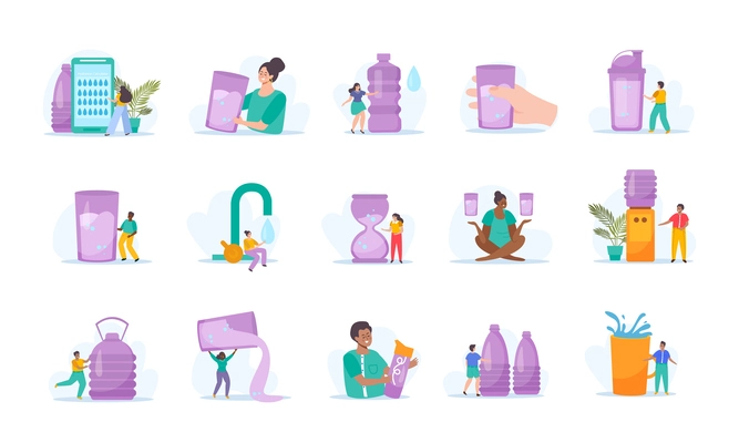 Water balance set with flat isolated icons of water glasses bottles dispensers and doodle human characters vector illustration