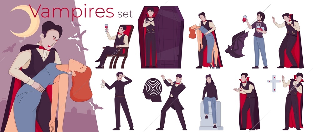 Vampire bat flat composition with set of isolated icons showing mythical undead characters wearing medieval suits vector illustration