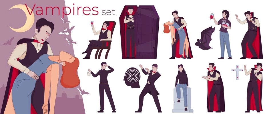 Vampire bat flat composition with set of isolated icons showing mythical undead characters wearing medieval suits vector illustration