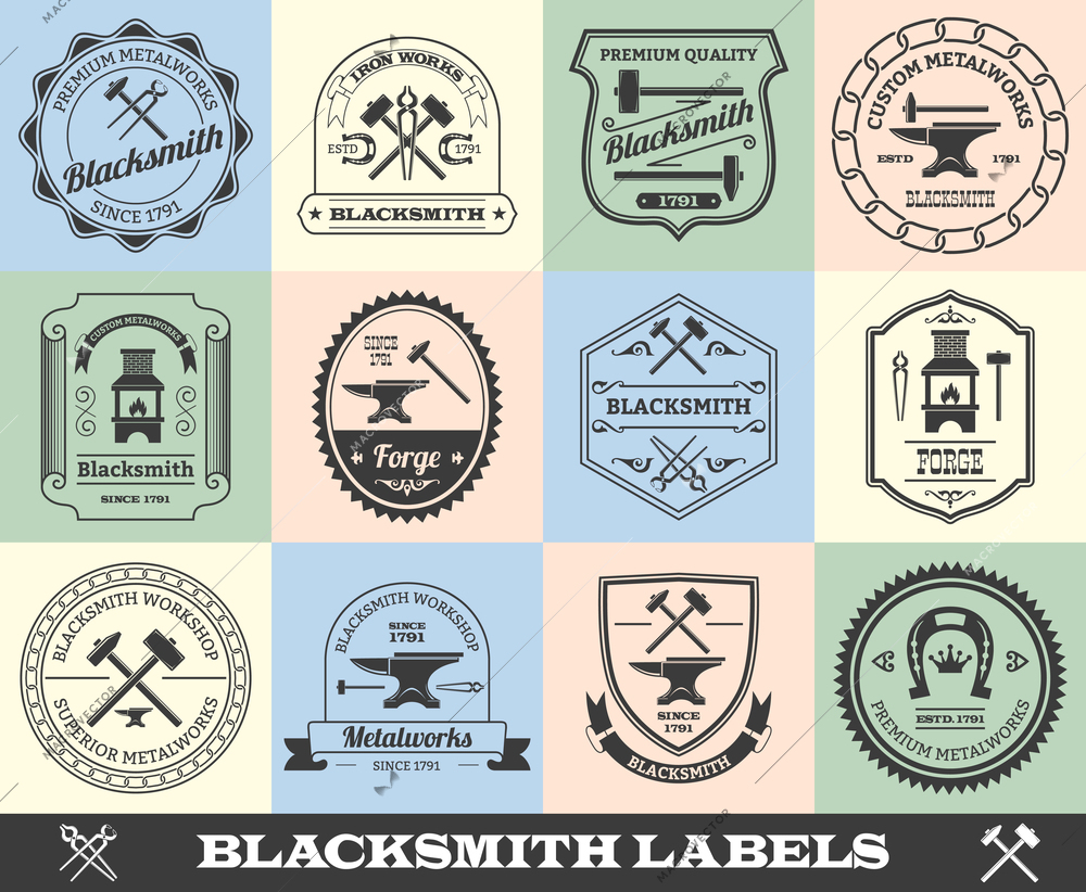 Blacksmith premium quality iron works black label set isolated vector illustration