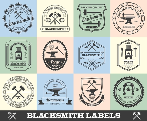 Blacksmith premium quality iron works black label set isolated vector illustration