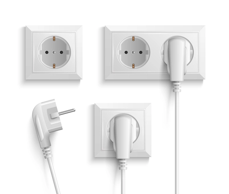 Realistic white electric wall sockets with plugs with one and two outlets isolated vector illustration