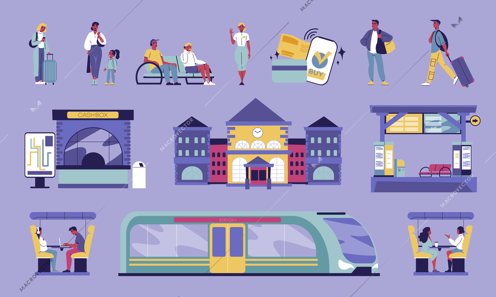 Railway station flat icons set with railroad building and passengers isolated vector illusration