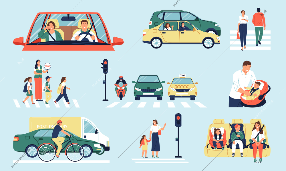 Safety and transport color set with city road symbols flat isolated vector illustration